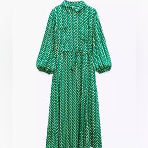Zara vibrant green and cream colored geometric print midi dress